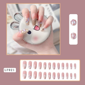 Pink gradient coffin press-on nails set with glitter and rhinestones LF021