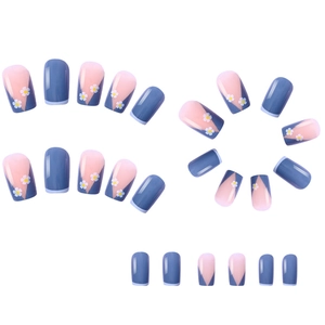 Short square press-on nails with blue and pink French tip design and daisy floral patterns