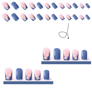 Short square floral press-on nails in navy blue and pink with daisy flower design
