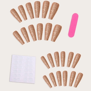 Long coffin glitter fake nails in rose gold with files and adhesive glue sticker set