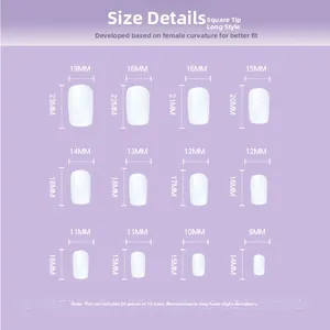 Tableau des tailles pour 24 faux ongles carrés longs en 12 dimensions différentes