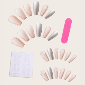 Silver mirror press-on nails set with 3D butterfly accents and glitter finish