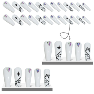 Long coffin press-on nails in white with butterfly designs and sparkling rhinestones