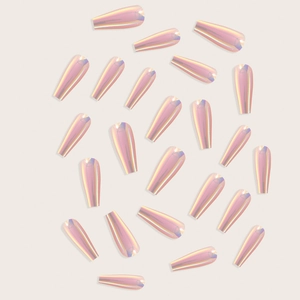Pink iridescent long coffin fake nails with holographic laser finish 24pcs set