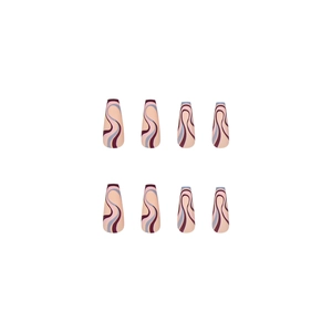 Long coffin press-on nails with purple and blue abstract wavy patterns on white background