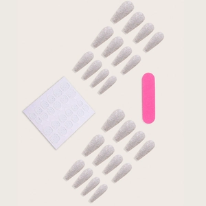 Long ballet glitter silver press-on nails set with adhesive tabs and pink nail file