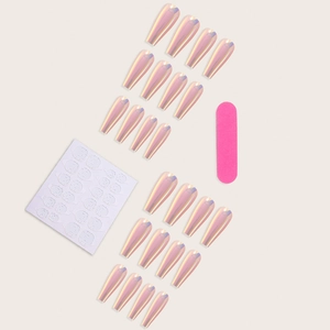Pink Aurora Long Coffin Press-on Nails Set with 24 pieces and manicure tools kit