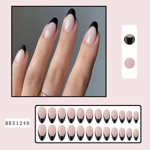 Classic almond-shaped black French tip press-on nails set with 24 high-gloss pieces