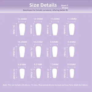Size chart for rainbow almond press-on nails showing 24 pieces in 12 distinct dimensions