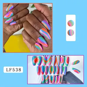 Rainbow almond press-on nails with colorful wavy patterns and 24-piece full set display