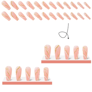 Macro detail of long coffin press-on nails with pink marble texture and gold foil accents