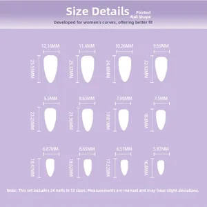 Size chart showing 24 pieces in 12 sizes for pointed shape press-on nails in purple theme