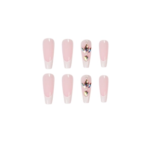 Long coffin press-on nails with white French tips, pink base, and luxury rhinestones