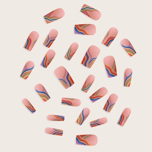 Rainbow wave press-on nails in square shape with nude pink base and colorful stripes