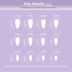 Size chart for black aurora almond press-on nails with 12 distinct measurement specifications