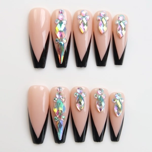 Unghie finte lunghe coffin con punte francesi nere e strass AB set da 10 pezzi