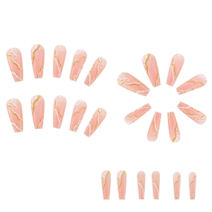 Long coffin press-on nails featuring pink marble patterns with gold glitter accents