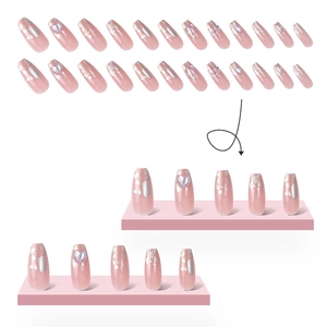 Pink gradient coffin nails with silver foil and butterfly charms 24pcs set