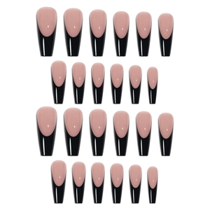 Unghie finte lunghe a bara rosa nude con punte French nere, set da 24 pezzi a pressione