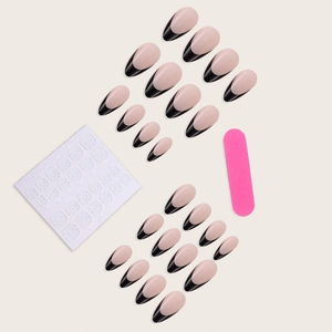 French almond press-on nails with black tip design, kit including file and adhesive tabs
