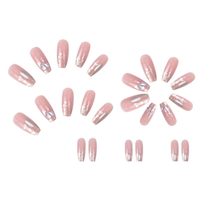 Press-on nail kit with pink sheer base, holographic glitter, and cat-eye finish nails