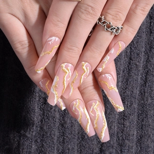 Pink marble long coffin press-on nails with golden glitter lines for elegant women