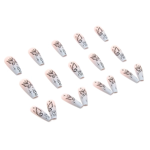 Faux ongles cercueil longs avec dégradé bleu rose et motifs papillons noirs