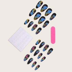 Matte almond press-on nails with colorful marble smoke patterns and application kit