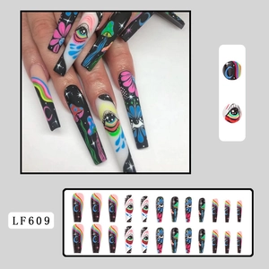 Starry night and colorful eye pattern long coffin press-on nails set with 24 pieces