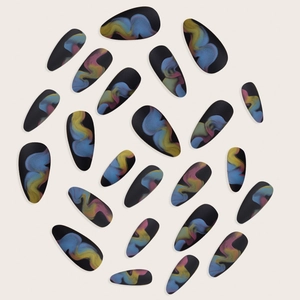 Matte almond press-on nails with black base and colorful smoke marble artistic pattern