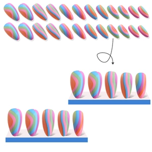 Rainbow almond press-on nails with colorful wave patterns and long pointed nail tip set