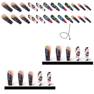 Star and moon themed 24-piece long coffin press-on nails with colorful eye art designs