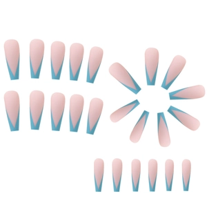 Matte long coffin fake nails with pink and blue V-shaped color block design