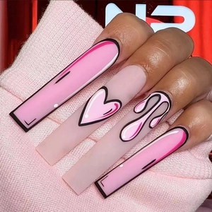 Faux Ongles à Presser Mats Carrés Longs Rose Style BD 2D Motif de Cœur Ongles d'Halloween pour Femmes Manucure Salon de Beauté