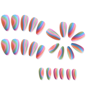 Rainbow wave pattern almond press-on nails set with vibrant colorful pop art swirls