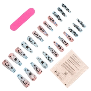 Blue and pink gradient coffin press-on nails with celestial star and snake patterns