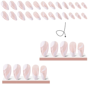 Almond medium-long press-on nails with pink white gradient and silver water ripples