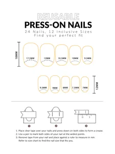 Detailed size chart and measurement guide for 24 pieces of reusable press-on nails