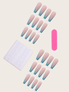 French tip press-on nails set with long matte nude base and blue V-shape edges