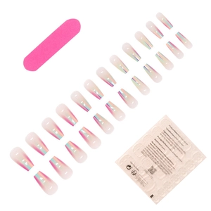 Detailed set of iridescent gradient long coffin press-on nails with jelly glue and file