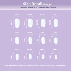 Size chart showing 12 sizes of ballerina shape purple gradient press-on nails with diamonds