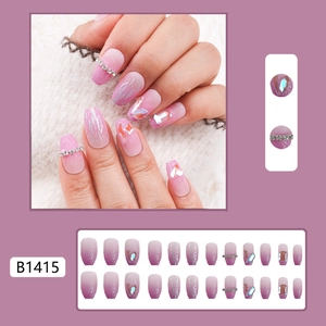 Handmade gradient purple glitter press-on nails with rhinestones in medium-long coffin shape