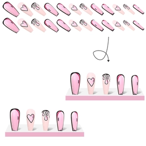Faux ongles longs mats roses avec motifs de cœur flamme et contours pop art