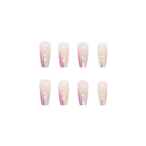 Pastel laser gradient press-on nails featuring long coffin shape with pearlescent finish