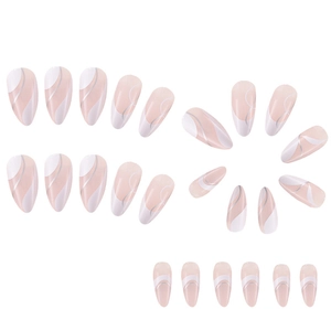 French almond fake nails with nude pink base, white swirls and silver line accents