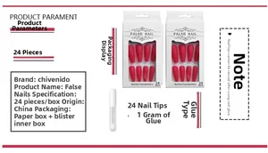 Detailed packaging view of 24pcs long press on nails set with pink heart design and glue
