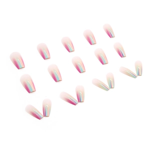 Long trapezoidal holographic press-on nails with pink blue and green laser gradient
