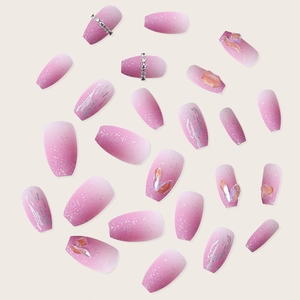 Pink gradient matte press-on nails with silver glitter and rhinestone chains on long ballerina shape