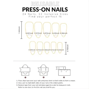 Size guide for almond French press-on nails featuring 24 pieces in 12 distinct sizes