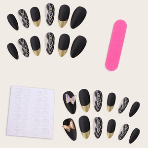 Matte black aurora almond press-on nail kit with 3D butterflies and gold accents